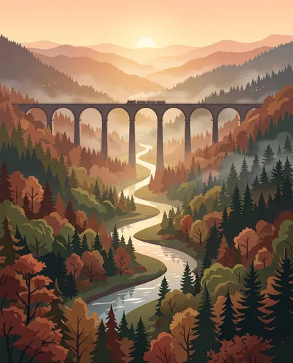 Autumn Valley Viaduct Vector Illustration