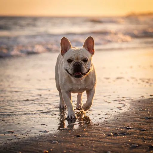 Cream French Bulldog Walking on Sunset Beach
