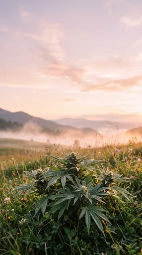 Cannabis Plant in Misty Mountain Meadow