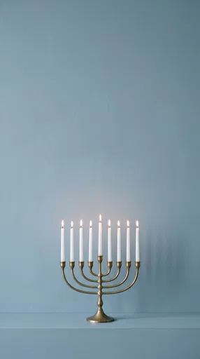 Minimal Brass Menorah Against Dusty Blue Wall