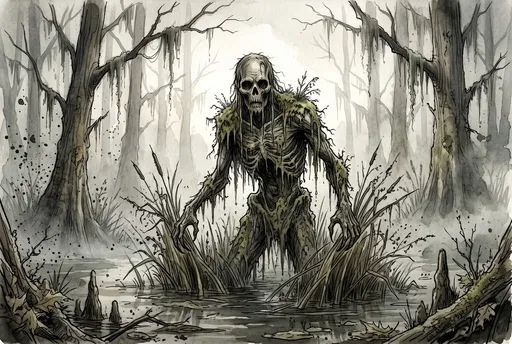 Watercolor Swamp Monster in Foggy Marsh