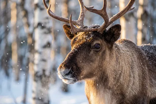 Close-Up Portrait of Reindeer in Snowy Forest