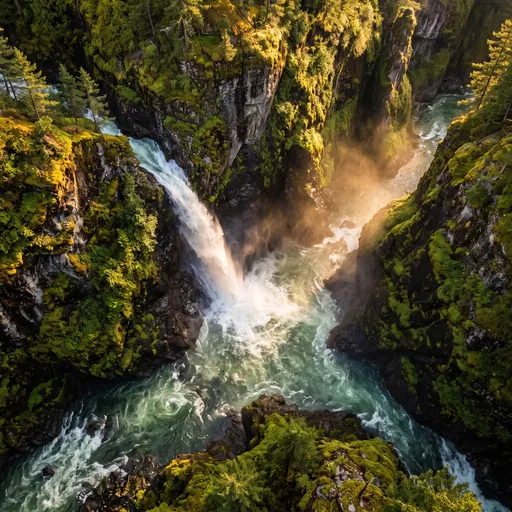 Aerial View of Sunlit Mossy Canyon Waterfall