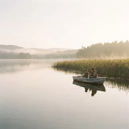 Father and Son Fishing on Misty Lake