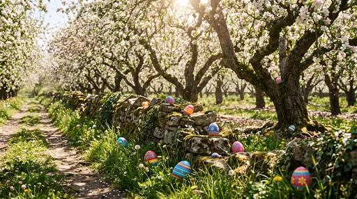Painted Easter Eggs in Blooming Apple Orchard