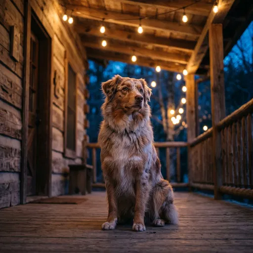 Australian Shepherd Sitting on Cabin Porch