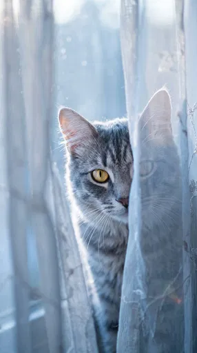 Grey Tabby Cat Behind Sheer Curtains