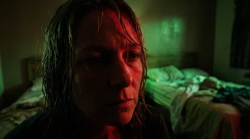 Woman in Neon-Lit Motel Room