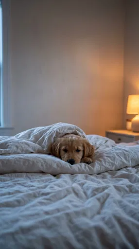 Sleepy Golden Retriever Puppy Under White Sheets