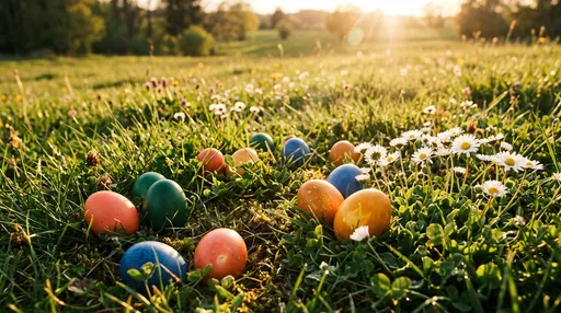 Colorful Easter Eggs in Sunlit Meadow