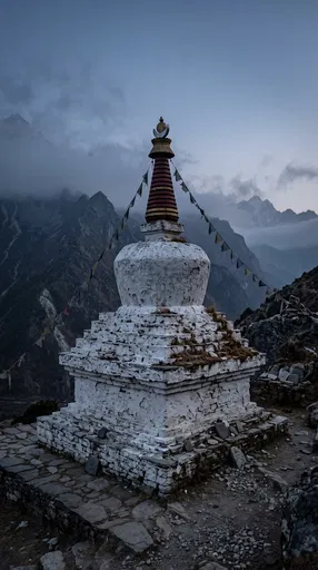 Whitewashed Buddhist Stupa in Misty Mountains