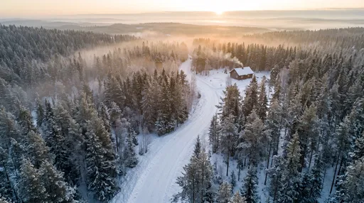 Aerial Winter Forest Road at Dawn