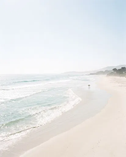 Minimalist Pastel Beach With Distant Surfer