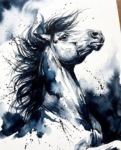 Blue Ink Wash Rearing Stallion Head