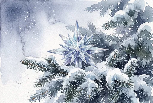 Watercolor Ice Blue Star on Snowy Branches