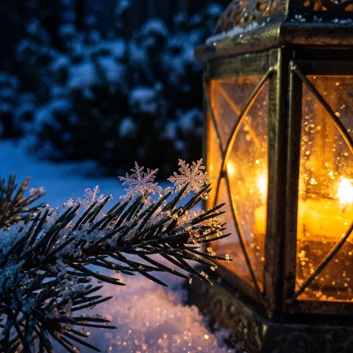 Snowflakes on Pine Branch by Glowing Lantern