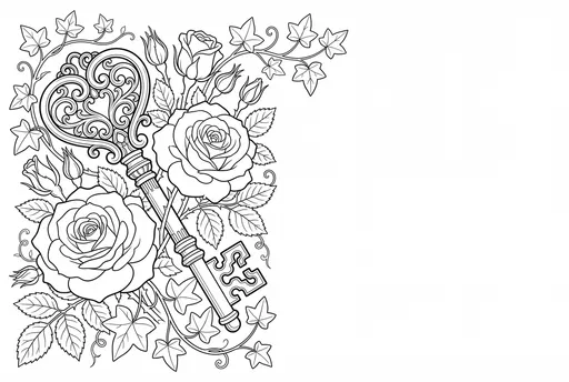 Vintage Heart Key and Roses Line Art