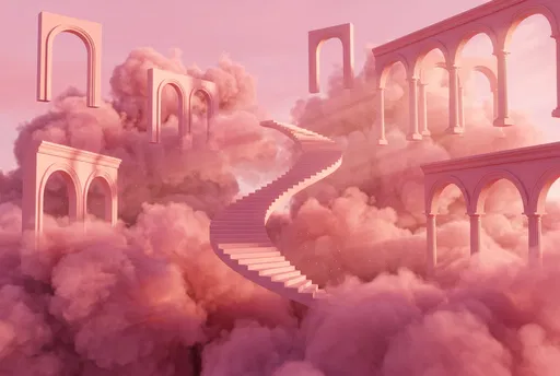 Surreal Pink Clouds With Floating Staircase