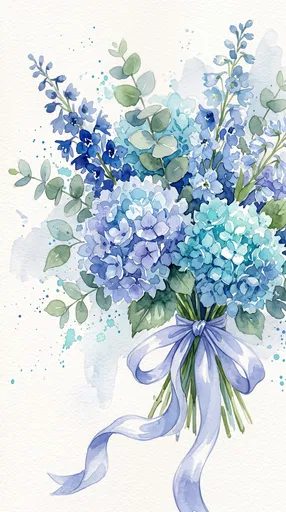 Blue Watercolor Hydrangea and Delphinium Bouquet