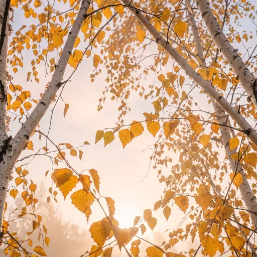 Golden Autumn Birch Leaves in Morning Mist