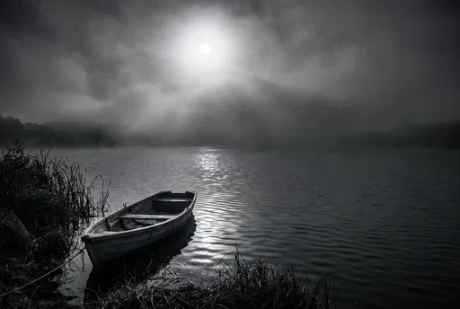 Monochrome Rowboat on Misty Moonlit Lake
