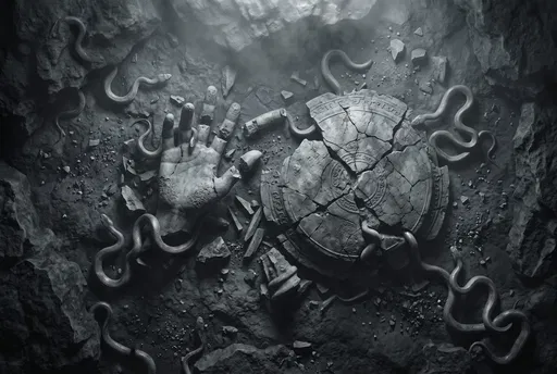 Shattered Stone Hand and Shield with Snakes