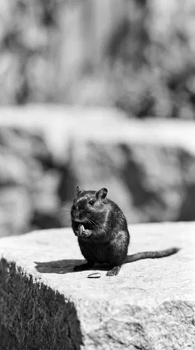 Black Gerbil Holding Sunflower Seed in Monochrome