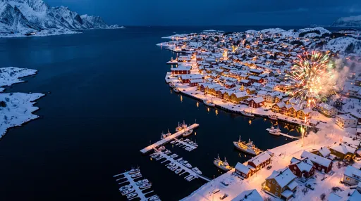 Aerial Winter Nordic Harbor With Fireworks