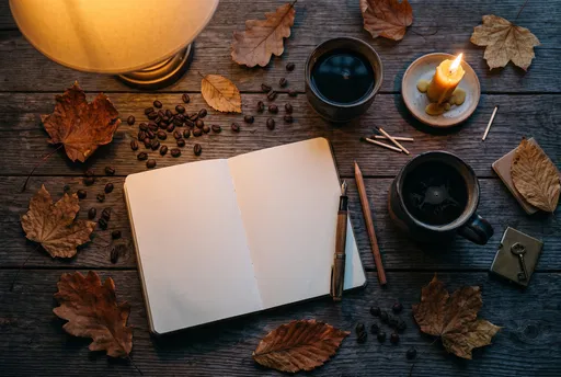 Autumn Morning Coffee and Blank Notebook
