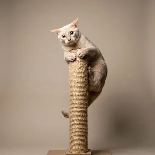 Cream Cat Clinging to Scratching Post
