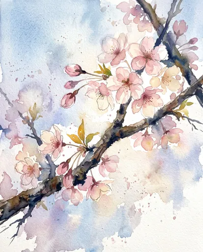 Watercolor Cherry Blossom Branch Illustration