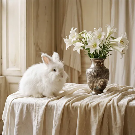 White Rabbit Beside Silver Vase With Lilies