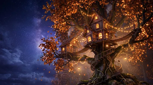 Enchanted Autumn Treehouse Under Starry Night Sky