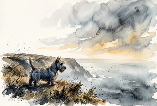 Scottish Terrier on Coastal Bluff Illustration