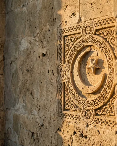 Carved Crescent and Star on Limestone Wall