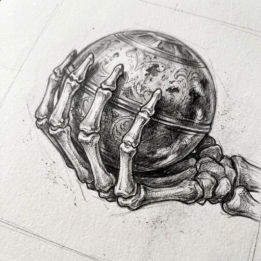 Graphite Sketch of Skeletal Hand Holding Sphere