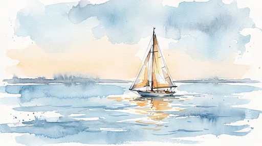 Watercolor Sailboat on Calm Sunset Bay