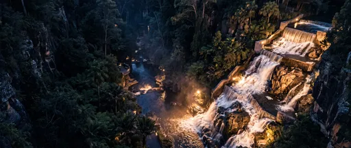 Illuminated Tiered Waterfall in Dark Canyon