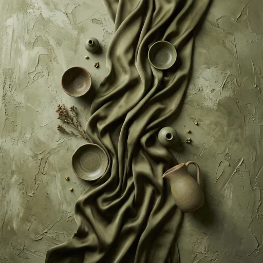 Olive Green Silk and Ceramics Flat Lay