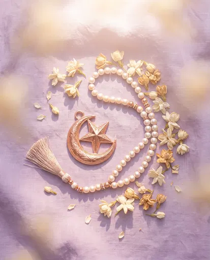 Rose Gold Crescent and Pearl Prayer Beads