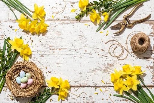 Spring Daffodils and Easter Nest Flat Lay