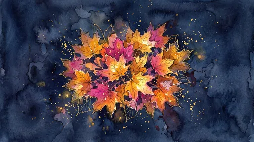 Watercolor Autumn Maple Leaves on Indigo
