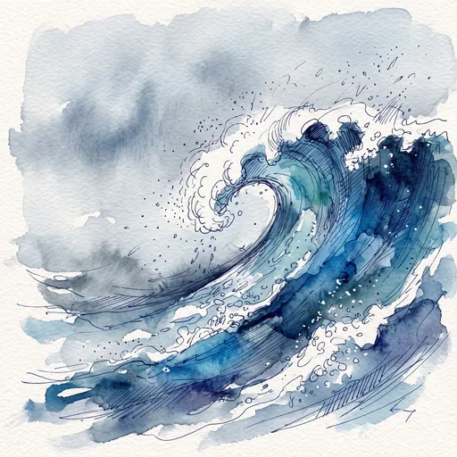 Watercolor and Ink Ocean Wave Illustration