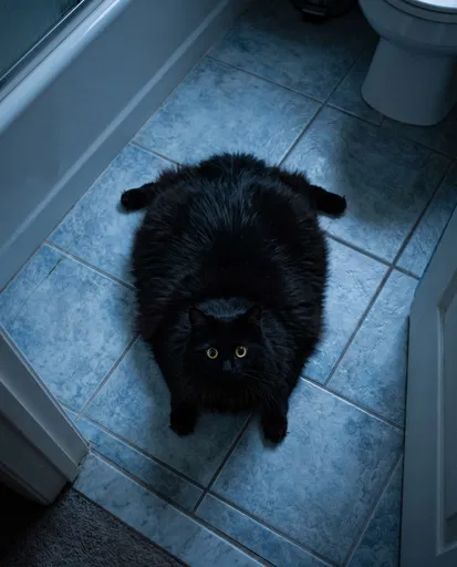 Fluffy Black Cat Flattened on Bathroom Floor
