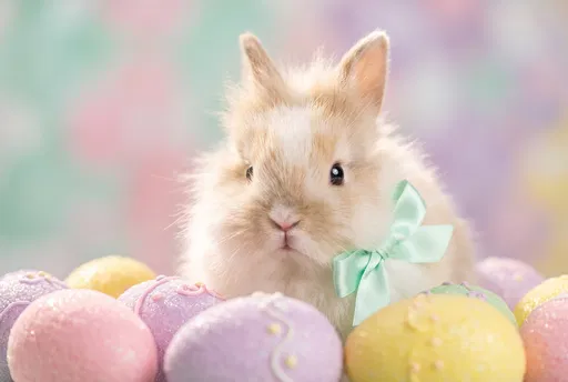 Fluffy Bunny Behind Pastel Sugar Easter Eggs