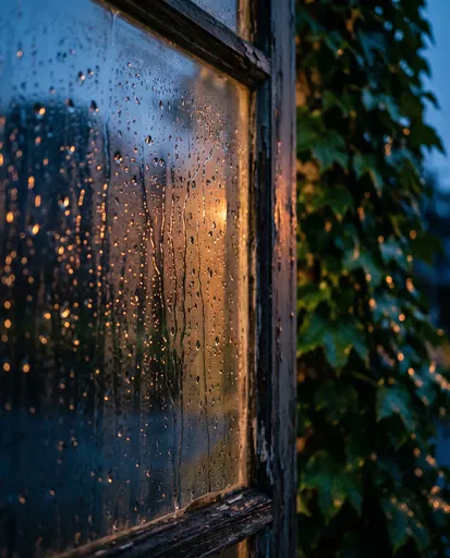 Raindrops on Vintage Window at Dusk