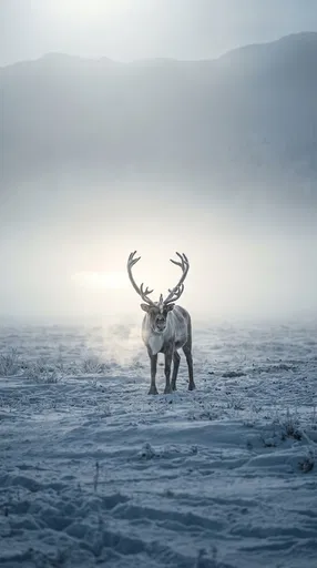 Lone Reindeer in Misty Arctic Snowfield