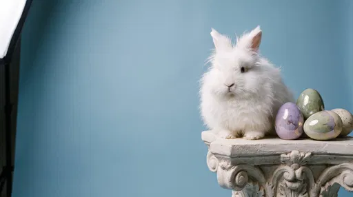 White Angora Rabbit on Pedestal with Eggs