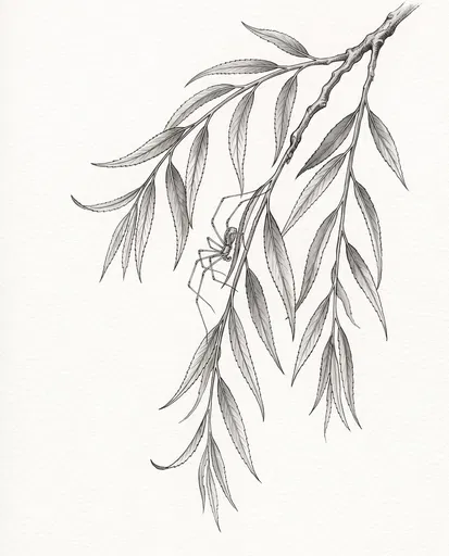 Monochrome Willow Branch and Spider Illustration