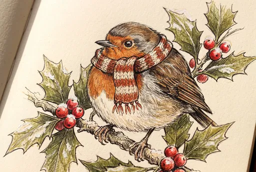 Hand-Drawn Robin in Scarf on Holly Branch